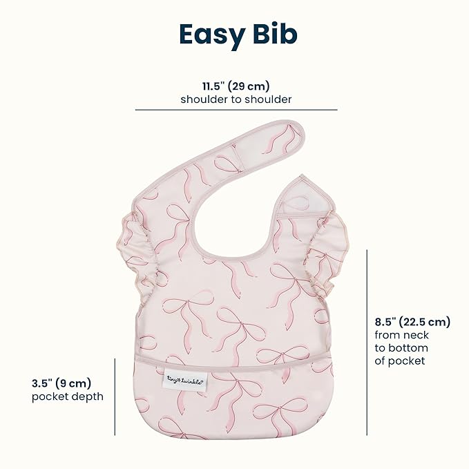 Tiny Twinkle Mess-Proof Baby Bibs for Eating | Waterproof, Wipeable Toddler Bibs with Catch-All Pocket | Feeding Bibs for Girls & Boys(3 Pack,Toile,Bows)