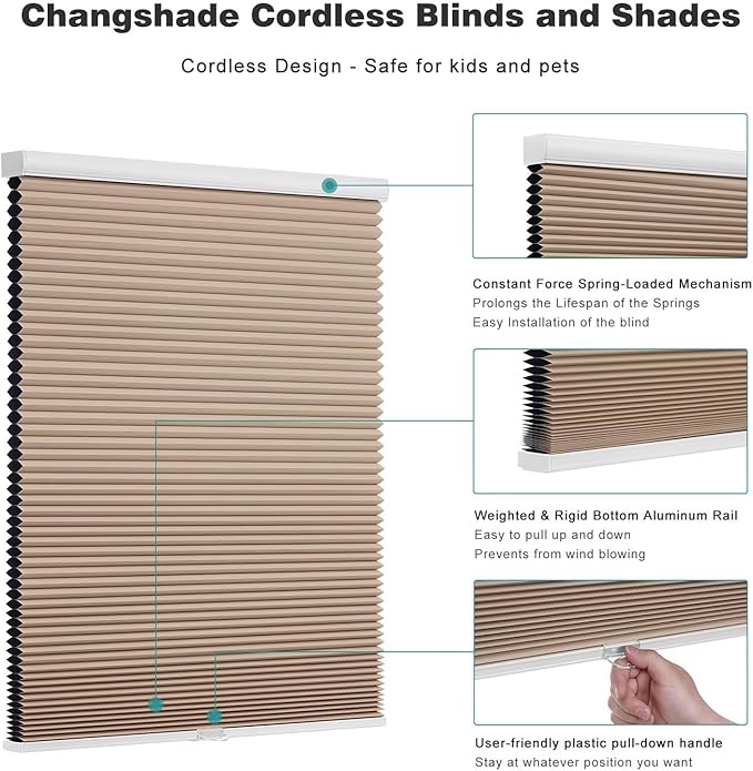 Changshade Cordless Cellular Shades, Blackout Honeycomb Shades for Windows, Pull Down Pleated Blinds, Easy to Install for Indoor Windows and French Doors,50" W x 72" H, Light Brown