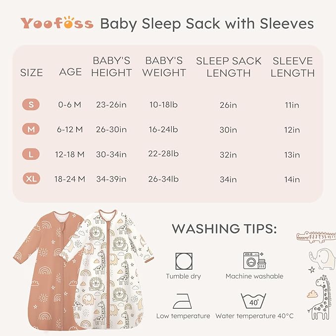 Yoofoss Baby Sleep Sack 12-18 Months Long Sleeve Wearable Blanket Baby 100% Cotton 2-Way Zipper 0.5 Tog Toddler Sleeping Sack, Lightweight(Large)