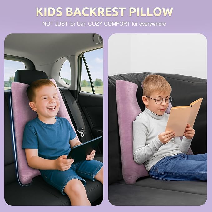 Car Pillow for Kids, Travel Pillow with Adjustable Strap, Kids Floor Pillows Cushions for Adults and Children to Support Head and Body Road Trip Essentials (Purple)
