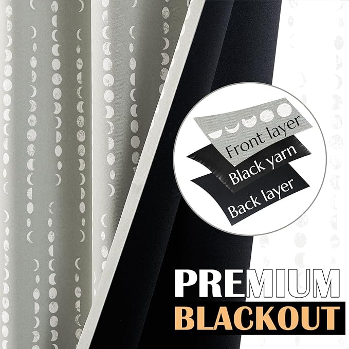 jinchan 95% Blackout Bohemian Moon Phase Print Bedroom 84 Inch Long Grey Curtain Grommet Top Thermal Insulation for Kids Room Grey Curtain Set 2 Panels