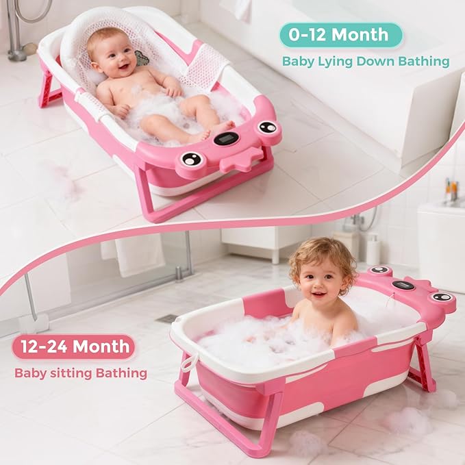 Baby Bathtub,Collapsible Baby Bath Tub with Soft Cushion & Thermometer, Space Saving Foldable & Travel Newborn Bathtub for Infant to Toddler 0-36 Months, Frog Beige