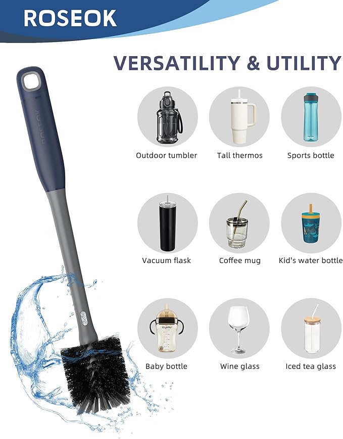ROSEOK 2 in 1 Long Handle Bottle Brush with Straw Brush for Cleaning Glass, Sports Bottle, Coffee Mug, Gray, 1 Pack