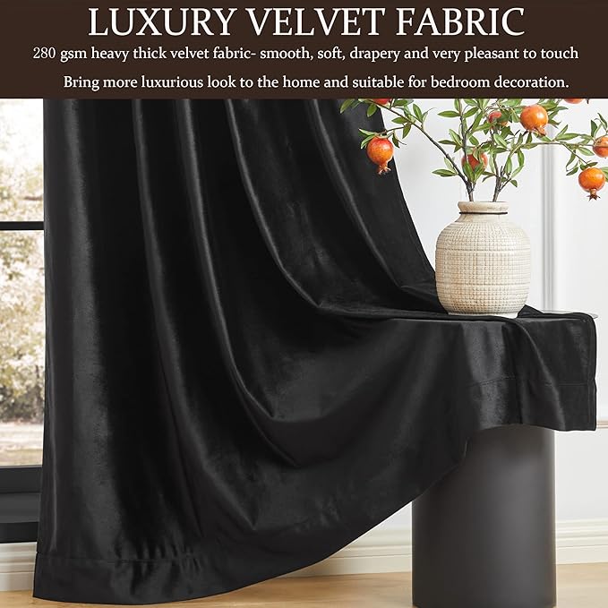 PRIMROSE Black Blackout Velvet Curtains 102 inch Long for Bedroom,2 Panels Liner Rod Pocket Back Tab Thermal Window Curtain Drapes Room Darkening Heavy Decorative Curtains for Living Room