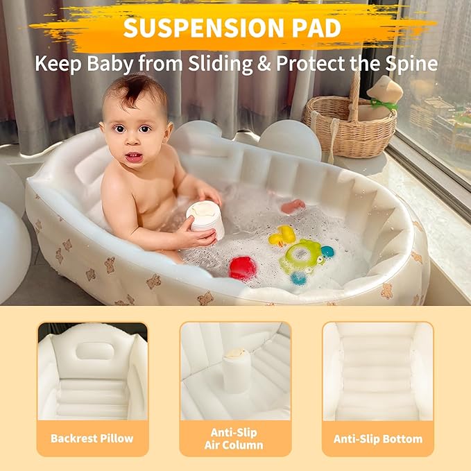 Inflatable Baby Bathtub with Built in Pump, Collapsible Safe Baby Bathtub for Newborns and Baby, Non-Slip Travel Mini Swimming Pool for Babies 0-5 Years Old - Bear