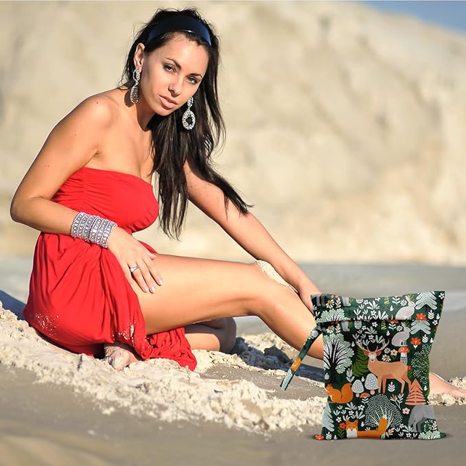 Forest Animal Wet Bags 12x10 Inch, Cottage Core Botanical Waterproof Travel Laundry Bags, Squirrel Fox Wolf Reusable Wet Dry Bag for Swimsuit Pool Beach Diapers Dirty Yoga Gym Clothes