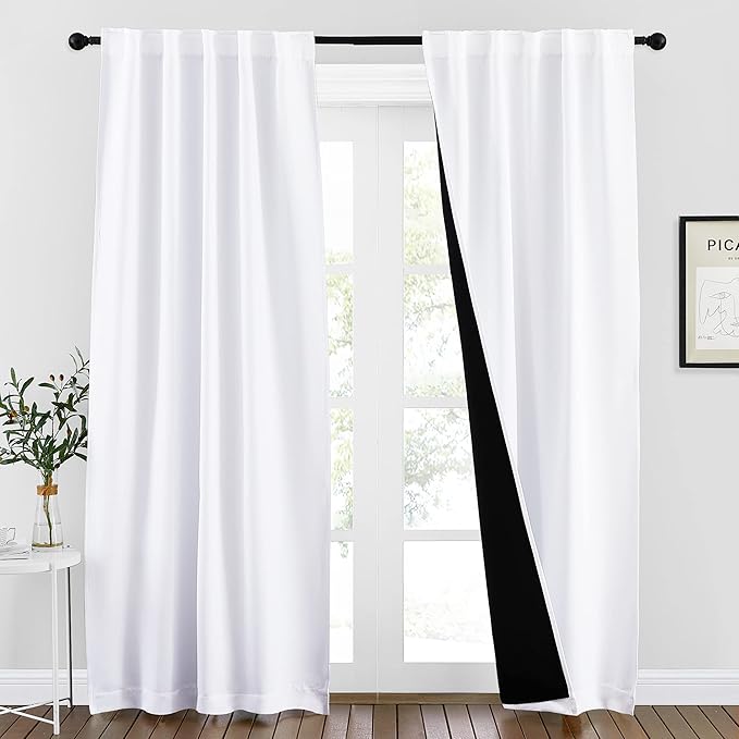 NICETOWN 100% Blackout Window Curtains, Cold and Full Light Blocking Drapes with Black Liner for Nursery, 84 Inches Drop Thermal Insulated Draperies for Bedroom (Pure White, 2 Pieces, 42 inches Wide)