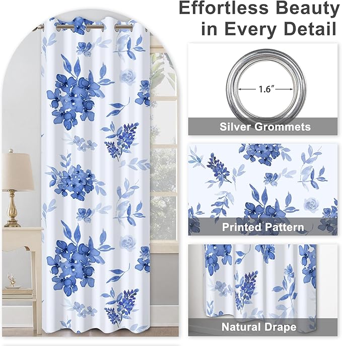 Blackout Curtains 84 inch Length 2 Panels Set, Blue Floral Print Thermal Privacy Grommet Winter Black Out Curtains for Bedroom with Black Liner, Rustic Soundproof Window Drapes for Living Room Nursery