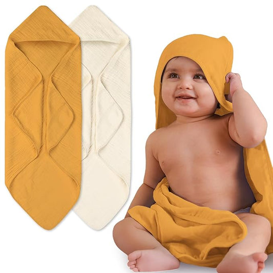 Hands-Free Hooded Towel - 100% Organic Premium Muslin Cotton, 30" x 30", Ultra-Absorbent, Soft, Breathable, Hypoallergenic, Multipurpose, Gifts for Babies & Infants, Pack of 2