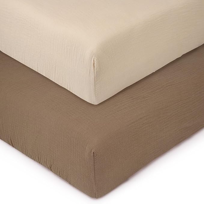 PET REJOIR Muslin Mini Crib Sheets for Girls & Boys-2 Pack 24"x 38" Soft Baby Mattress Sheets Fitted-No Slip Neutral Toddler Cotton Bedding-Nursery Décor Taupe Brown & Light Beige