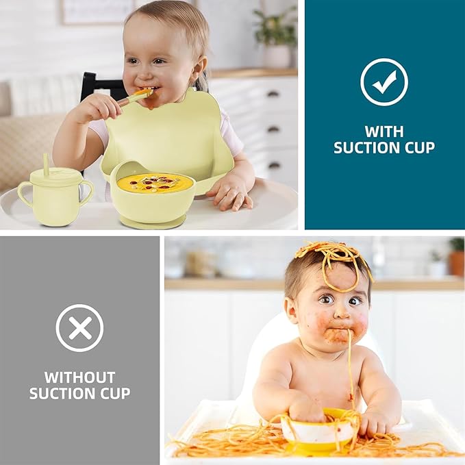 Dormlony 100% Silicone Baby Feeding Set,BPA Free Baby Dishes Set with Suction Bowl Divided Plate,Toddler Self Feeding Dish Set with Spoons Forks Sippy Cup and Bib, Baby Eating Utensils (Yellow)