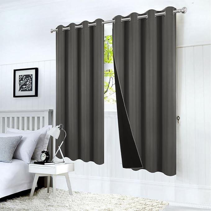 LEMOMO 100% Blackout Curtains 52 x 63 Inch Grey Curtains 2 Panels Darkening Thermal Insulated Bedroom Curtains