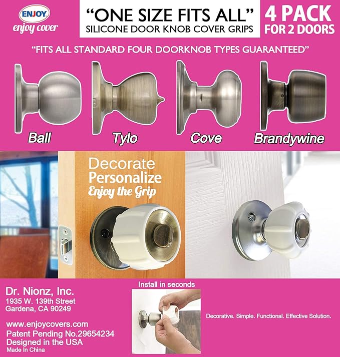 Enjoy Cover - Silicone Door knob Grips Nonslip Fits All Door Knob Universal Size 4 Pack (Foggy Clear)