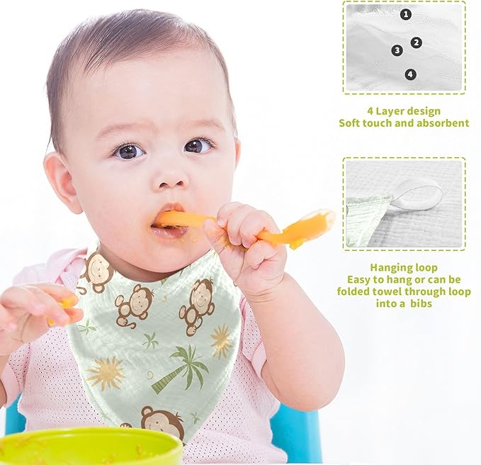 vvfelixl Baby Muslin Washcloths Cute Monkey Coconut Trees Baby Burp Cloths Cotton Babys Face Towel for Newborn Infants Boys Girls Soft and Absorbent 11.8 X 11.8 in, 3 Pack