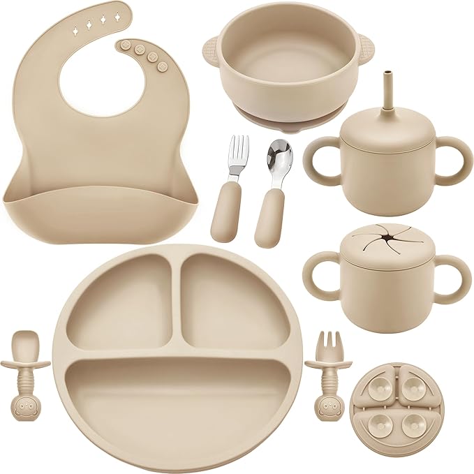 Bufims Silicone Baby Feeding Set, Baby Led Weaning Supplies, Eating Essentials Utensils with Suction Plate and Bowl, Pocket Bib, Sippy Cup with Lid, Forks Spoons Snack Container, for 6+ Months, Beige