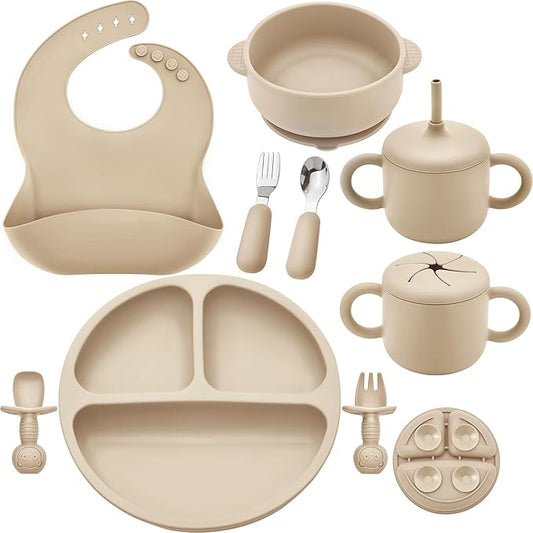 Bufims Silicone Baby Feeding Set, Baby Led Weaning Supplies, Eating Essentials Utensils with Suction Plate and Bowl, Pocket Bib, Sippy Cup with Lid, Forks Spoons Snack Container, for 6+ Months, Beige