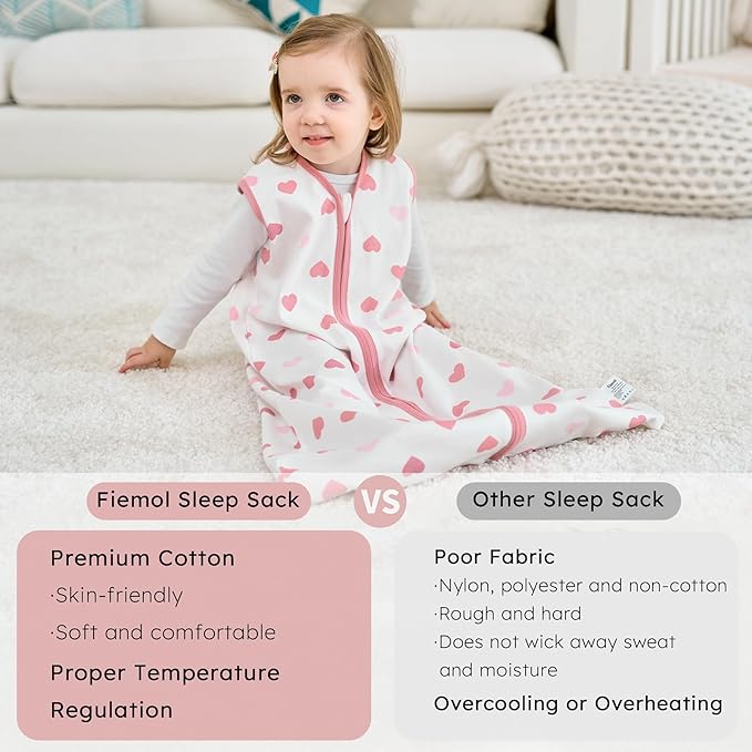 FIEMOL Baby Sleep Sack 6-12 months, 100% Cotton Sleeping Sack for Newborn and Infant, 3 Pack Baby Wearable Blanket for Boy and Girl, 0.5 Tog Lightweight Double Zipper Sleep Bag Pink Heart