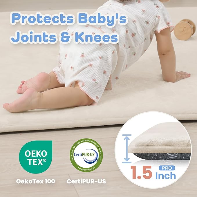 1.5" Thick Baby Play Mat for Floor, 50x50 Playpen Mat, Pro Soft Flannel Foam Mats Toddler Infant Kids Crawling for Nursery Rug Playroom Living Room Waterproof Easy Care Non-Slip (Beige)