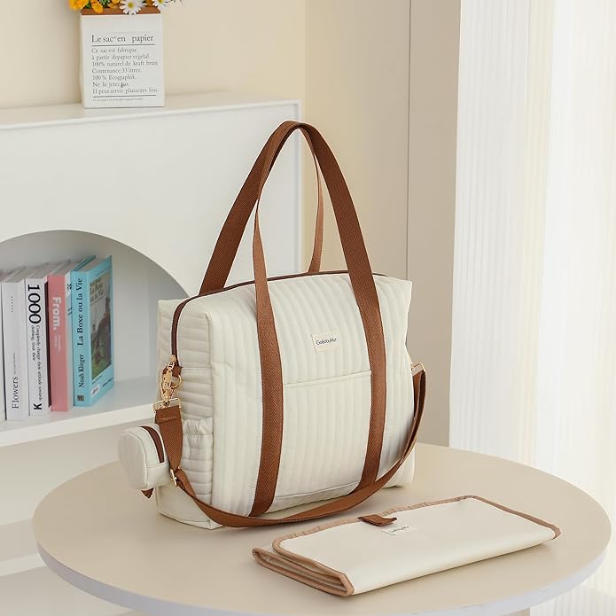 Diaper Bag Tote for Moms, Baby Hospital Bag with Insulated Bottle Pockets, Changing Pad & Stroller Straps