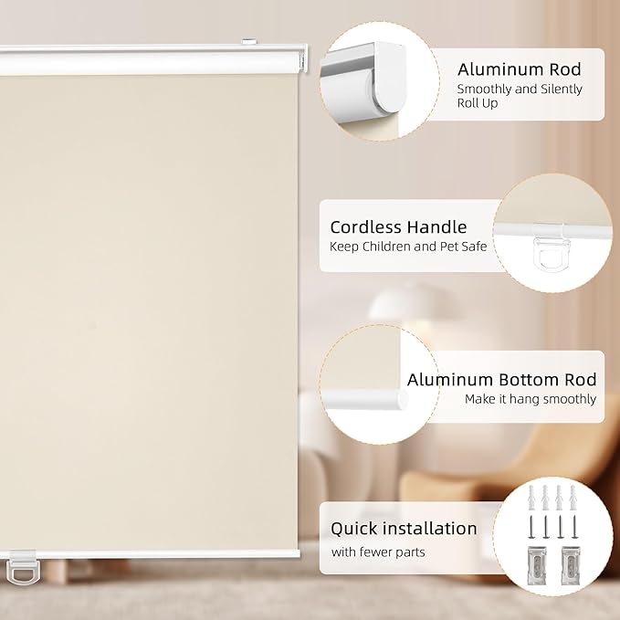 ChrisDowa Cordless Blackout Roller Shades for Windows, Thermal Insulated UV Protection Pull Down Shades, Total Blackout Window Blinds for Home, Office, Bedroom, Door (47" W x 72" H, Beige)