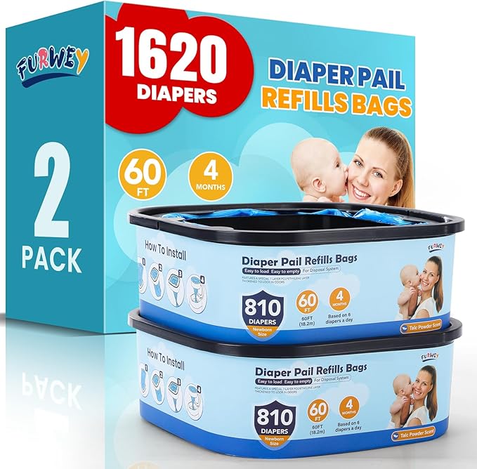 Diaper Pail Refill Bags,7-Layer Odor Prevention Technology,Thickened Design - Hold up to 810 Newborn-Sized Diaper Pail Bags- Pack of 2