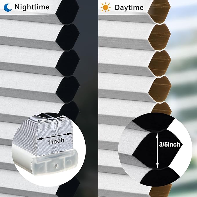 LazBlinds Cordless Cellular Shades, No Tools No Drill Blackout Honeycomb Shades Pleated Blinds for Windows, 33 1/2" W x 64" H, Silver White