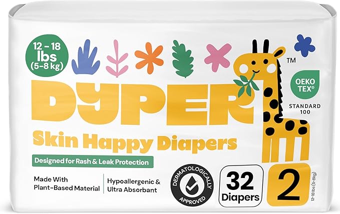 DYPER - Baby Diapers Size 2 (32 Count) - Plant Based Disposable Diapers for Day and Overnight Premium Leak Protection, Skin-Friendly Comfort with Soft Size 2 Diapers (12-18 lbs)