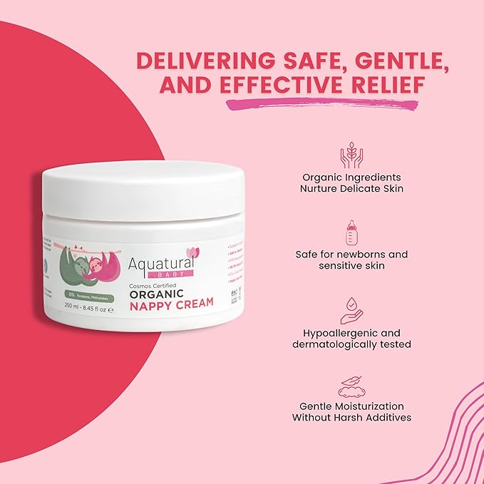 Aquatural Organic Nappy Cream - Newborn Diaper Care - Gentle Care Diaper-Cream, Natural Moisturizer Zinc Oxide Ointment for Kids Sensitive Skin - Baby Rash (8.45fl oz)