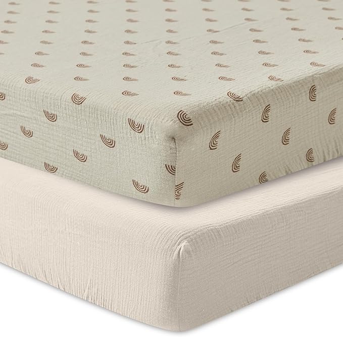 Zdolmy Muslin Crib Sheets for Girl Boy, 2 Pack 100% Cotton Crib Sheet for Standard Crib Mattress(28"x 52"), Fitted and Soft Breathable Crib Mattress Sheet, 360° Wrapping (Cream & Rainbow)