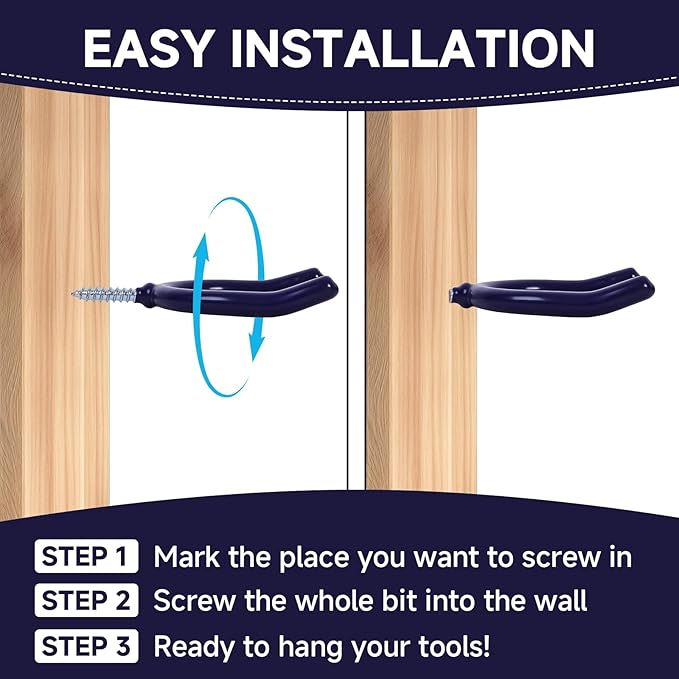 6 Pack Garage Storage System Steel U Hooks with Anti-Slip Coating Home Improvement and Organization Screw in Hooks Easy Wall Mounting Heavy Duty Bike and Ladder (Blue, 6 Pack)