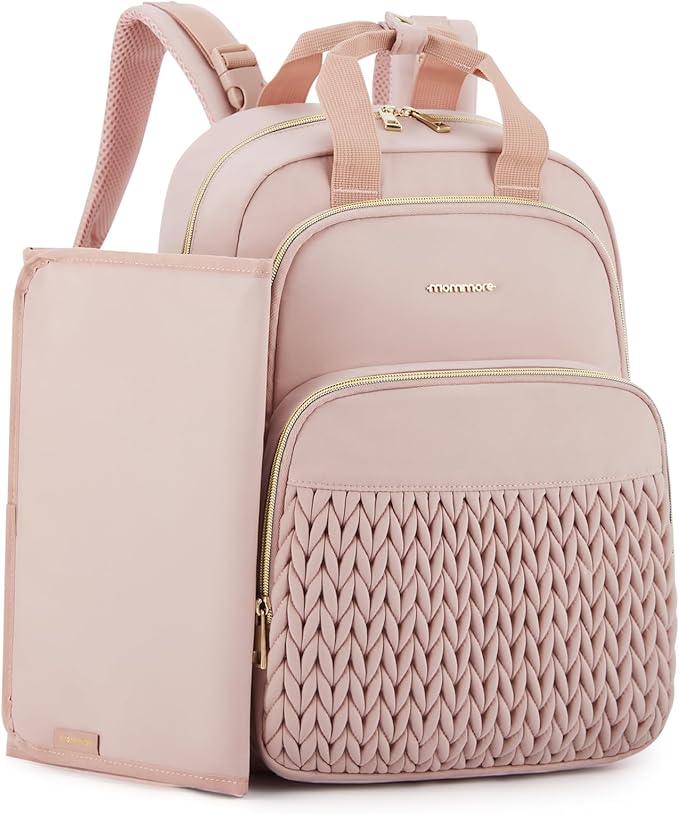 mommore Diaper Bag Backpack, Stylish Travel Baby Bag with Insulated Pockets, Changing Pad and Stroller Straps for Toddler (L-Pink, Large-27L)