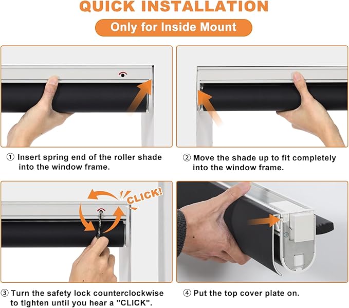 Persilux No Drill No Tools 100% Blackout Roller Shades for Window Blinds Cordless Room Darkening Roller Blinds, UV Protection Thermal Insulated Shades for Home Easy to Install (Black, 36.5"W x 72"H)