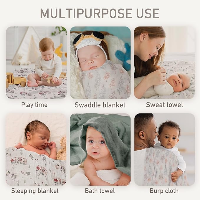 GLLQUEN BABY Receiving Blanket Boy Cotton Muslin Swaddle Blankets Girl Newborn Squares Breathable & Soft Thin Baby Blankets Cloths Double Absorbent Infant Swaddling Wrap - 6 Pack (Pine Tree & Train)