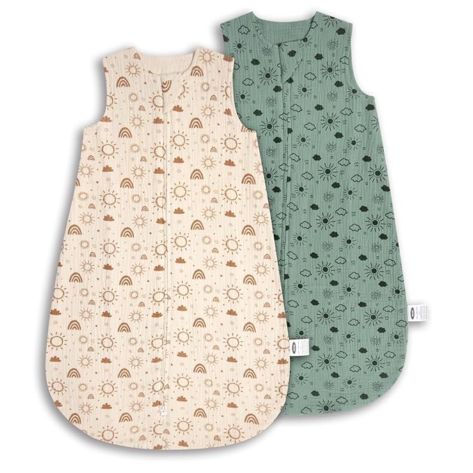 MEXXI Baby Sleep Sack 12-18 Months 1.0 TOG, 2 Pack Muslin Wearable Blanket, Baby Sleeping Bag with 2-Way Zipper for Babies Unisex