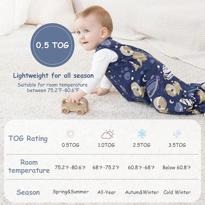 Looxii Baby Sleep Sack 0.5 TOG, 100% Cotton 3 Pack Wearable Blanket Baby Sleep Bag for Newborn Infant, 2-Way Zipper Lightweight Toddler Sleeping Sack 12-18 Months
