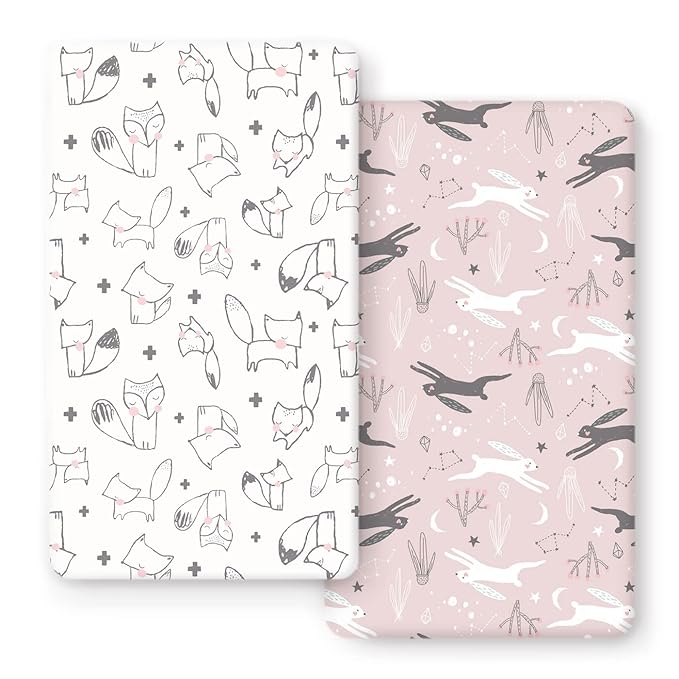 GRSSDER Stretchy Ultra Soft Jersey Knit Fitted Crib Sheets Set 2 Pack, Cozy Crib Sheet Girl Fits All Standard Crib Mattress Pads, Cute Foxes and Rabbits Print