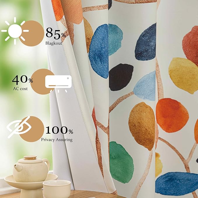 Boho Colorful Leaf Floral Blackout Curtains, Watercolor Bohemian Flower Print Window Drapes, Living Room Bedroom Decor 2 Panels 52x96 Inch