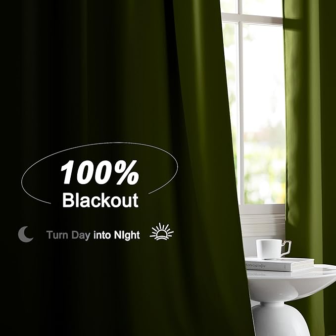 NICETOWN Olive Green 100% Blackout Curtains for Bedroom, 52x84 Inches Set of 4 for Living Room, Rod Pocket Back Tab & Noise Reducing Drapes Black Lined Insulated Window Treatment Panels