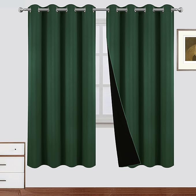 LEMOMO 100% Blackout Curtains 52 x 72 Inch Green Curtains 2 Panels Darkening Thermal Insulated Bedroom Curtains