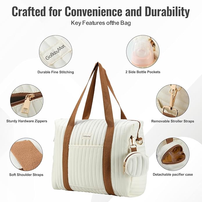 Diaper Bag Tote for Moms, Baby Hospital Bag with Insulated Bottle Pockets, Changing Pad & Stroller Straps