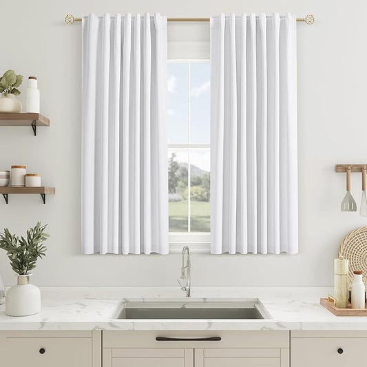 Guken White 100% Blackout Curtains 45 Inch Length 2 Panels Set for Living Room Bedroom Back Tab Thermal Insulated Black Out Linen Drapes Room Darkening Window Curtains