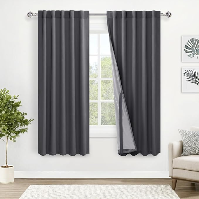 XWZO Full Blackout Curtains 63 Inches Long with Tiebacks- Heat and Light Blocking Rod Pocket & Back Tab Window Drapes with Black Liner for Bedroom/Kid's Room, Dark Grey, W42 x L63, Set of 2 Panels