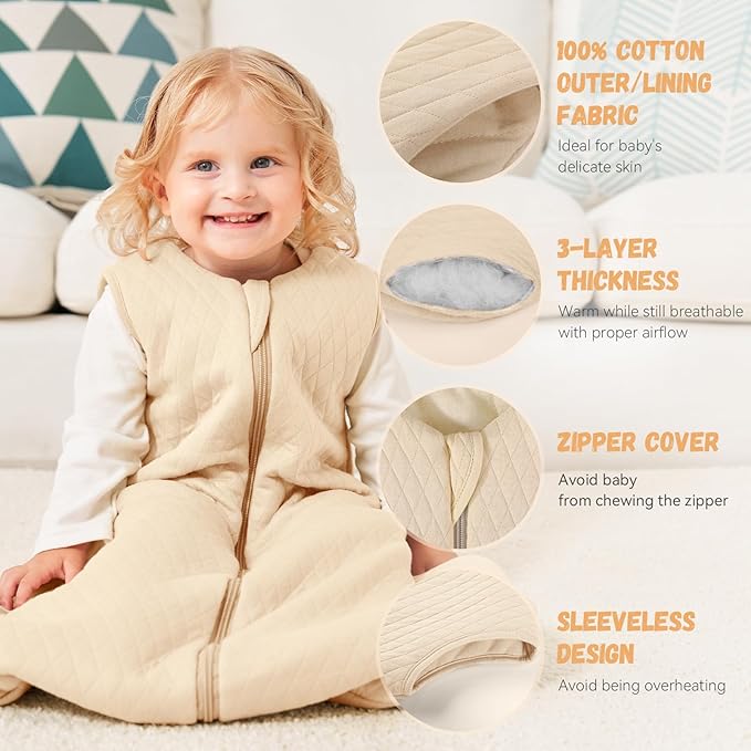 Yoofoss Baby Wearable Blanket TOG 2.5 Winter Sleep Sack 18-24 Months, 100% Organic Cotton Toddler Sleeping Sack with 2-Way Zipper Warm Quilted Sleep Sack