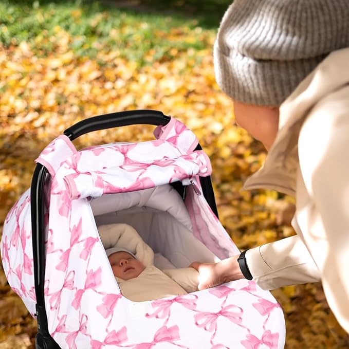 Car Seat Cover Baby, HNHUAMING Infant Car Seat Covers Canopy for Baby Girl Boy, Cozy & Windproof Newborn Carseat Covers Minky Dot Backing Stroller Cover with Breathable Mesh Window, Pink Bow