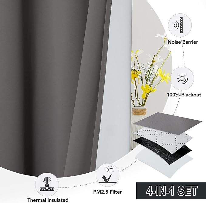RYB HOME Noise Reducing Barrier for Bedroom, Totally Blackout Drapes Energy Smart Window Treatment Anti Dust Divider Curtains PM2.5 Pollen Smog Filtering, Grey, W52 x L108 inch, 2 Panel