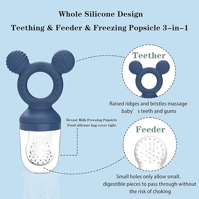 Baby Fruit Feeder, Frozen Teething Toys, Infants Teether Pacifier with 3 Extra Teats, Toddler Eating Essentials, BPA Free Feeding Supplies (Steel Blue)