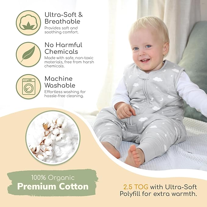 Mama Cheetah Toddler Sleep Sack with Feet, 2.5 TOG Organic Cotton Baby Sleeping Bag with Legs, Winter Baby Wearable Blankets for Early Walker 6-18 Month