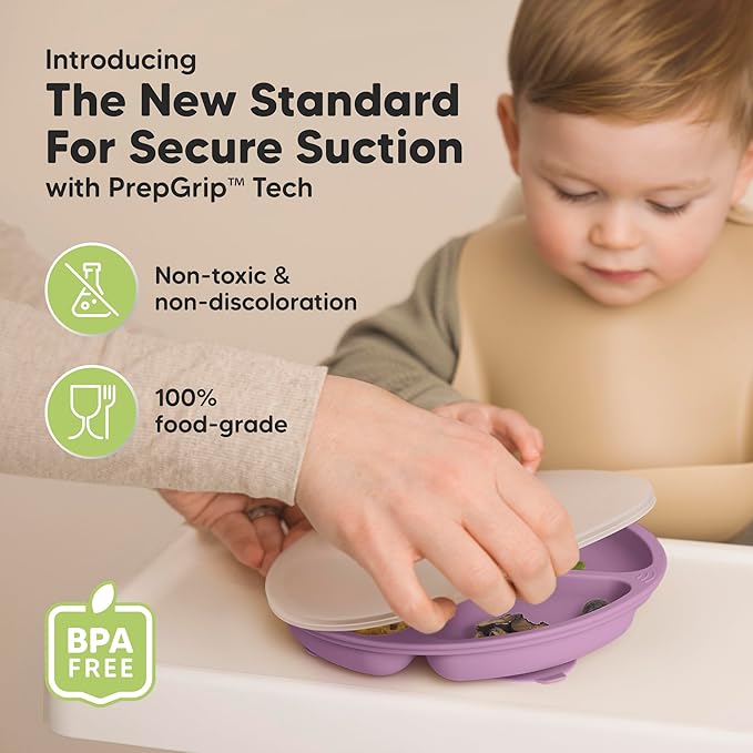 KeaBabies Suction Plates with Lids for Baby - 3-Pack 100% Silicone Toddler Plates with Suction, Divided, BPA-Free Baby Led Weaning Essentials for Kids, Dishwasher, Microwave Safe, Durable (Amethyst)