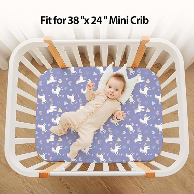 Baby Mini Crib Sheets Girl, Portable 38”x26” Pack and Play Sheets Fitted for Playard and Pack N Play Mattress, 3-Pack Soft Microfiber Pink Purple Rainbow