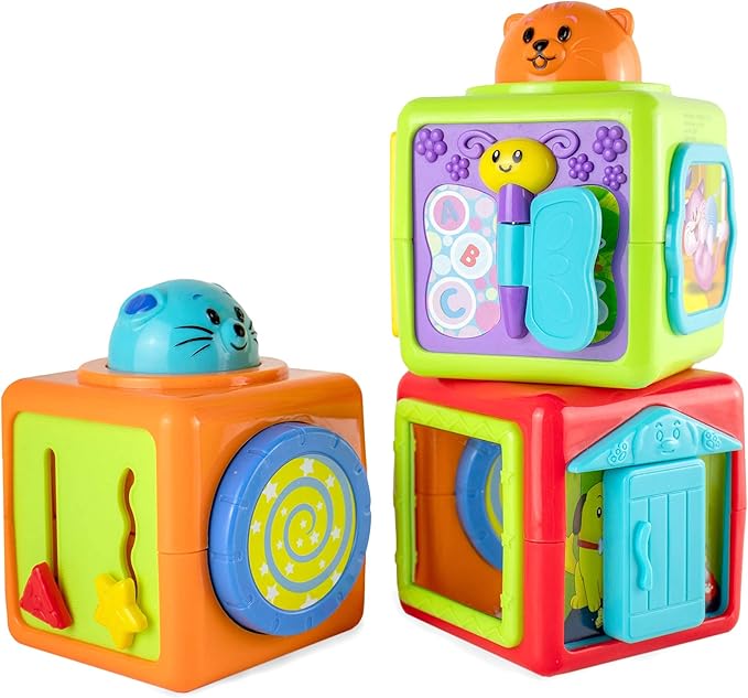 Bambiya Activity Cubes & Stacking Toy Blocks Set of 3 - Baby Blocks for Toddlers w/Animal Theme - Gross & Fine Motor Skills: Slide, Spin, Wiggle, Turn, Stack - Educational 3 Month Old Toys for Babies